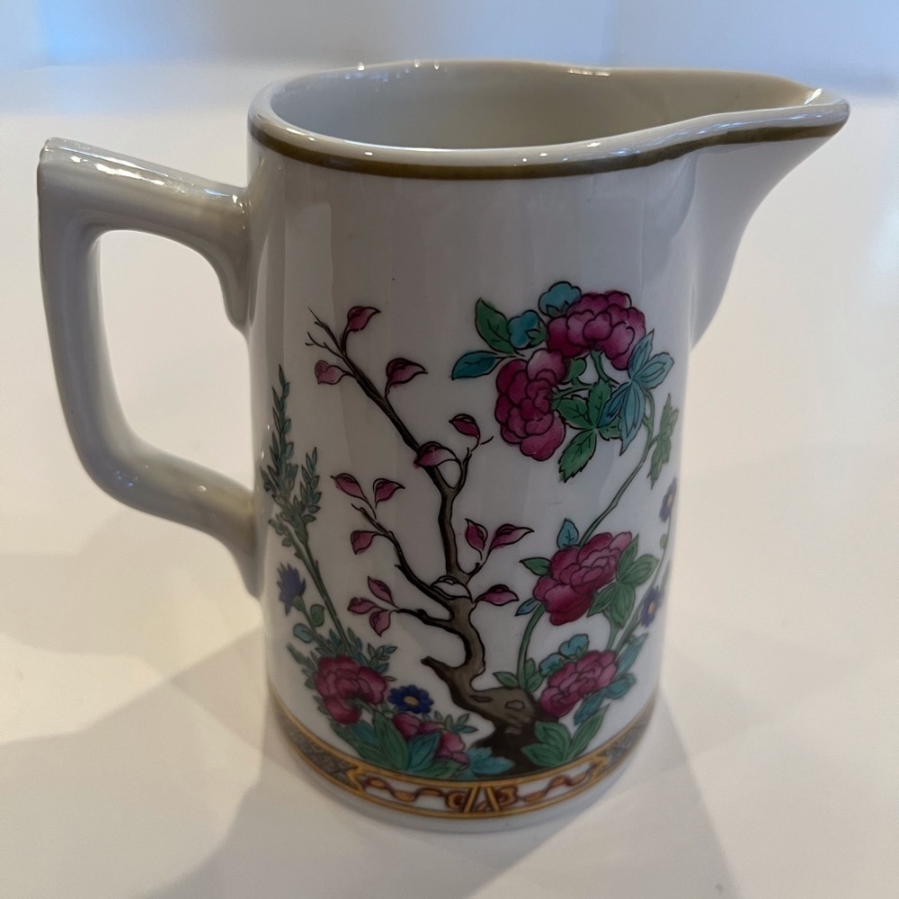 Beautiful Small Pitcher w Asian Style Flowers and Gold Trim